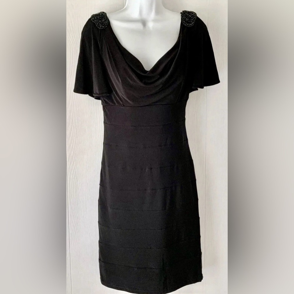 Jackie Jon NY Black Sheath Cocktail Dress Size 4 NWT Flutter Sleeve Beaded